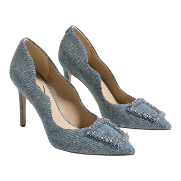 Sam Edelman Womens Harriett Scalloped Beaded Pointed Toe Denim Heels Size 9.5 - Picture 12 of 12